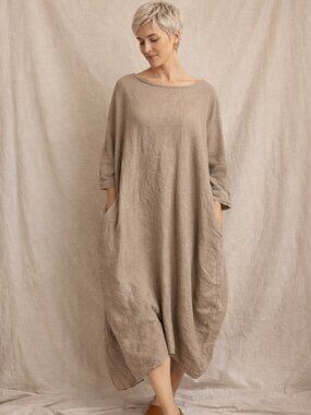 ✨ Bella Blue Linen Blend Cocoon Dress – L/XL ✨ Taupe with pockets